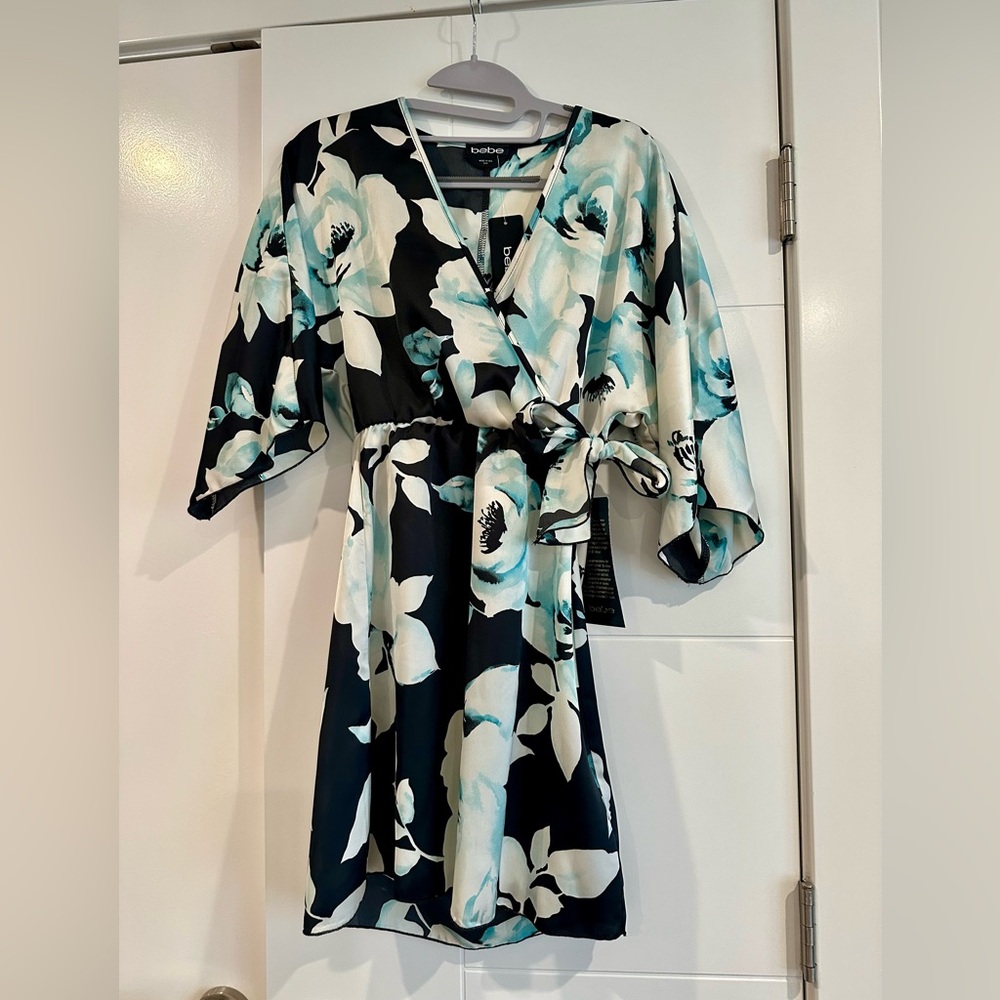 Bebe Black and Blue Floral Midi Dress